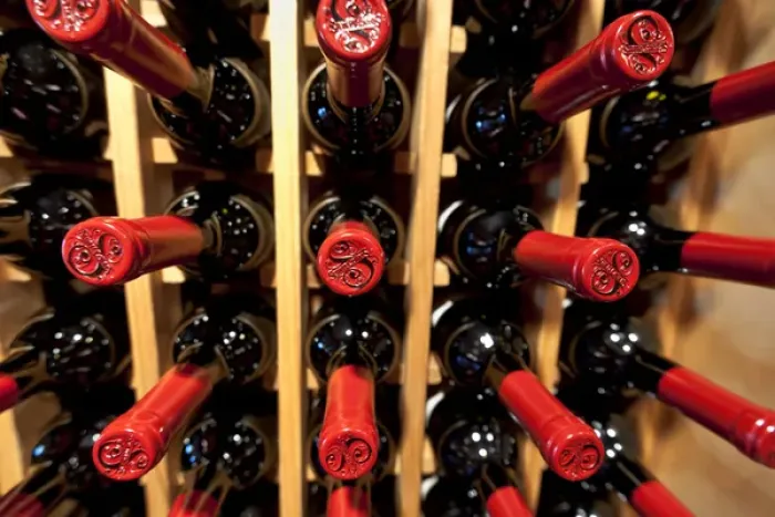 Framed Print : USA, California, Temecula. Wine bottles in a rack Framed Print : USA, California, Temecula. Wine bottles in a rack
