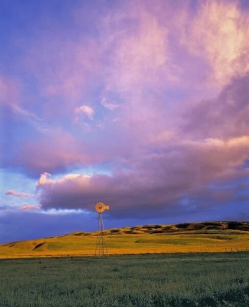 USA, California, Ventura Co. A windmill is dwarfed by enormous violet clouds in Ventura County