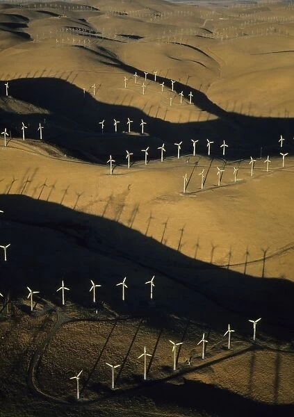 USA, California, wind generators, Altamont Pass, aerial of wind farms at sunrise