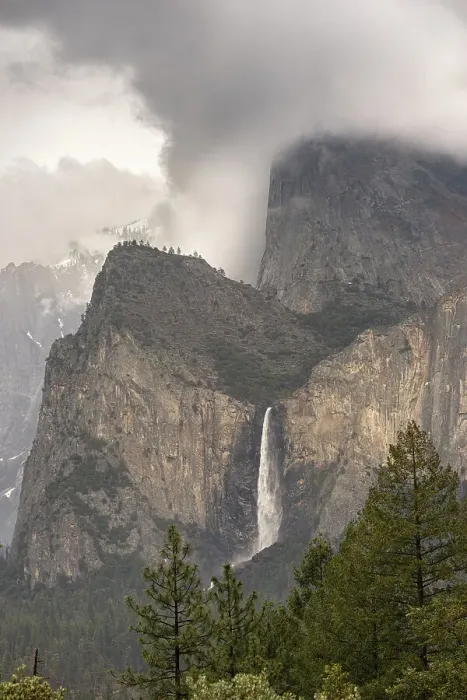 Framed Print : USA, California, Yosemite National Park. Clouds and mountain with Bridalveil Fall Framed Print : USA, California, Yosemite National Park. Clouds and mountain with Bridalveil Fall