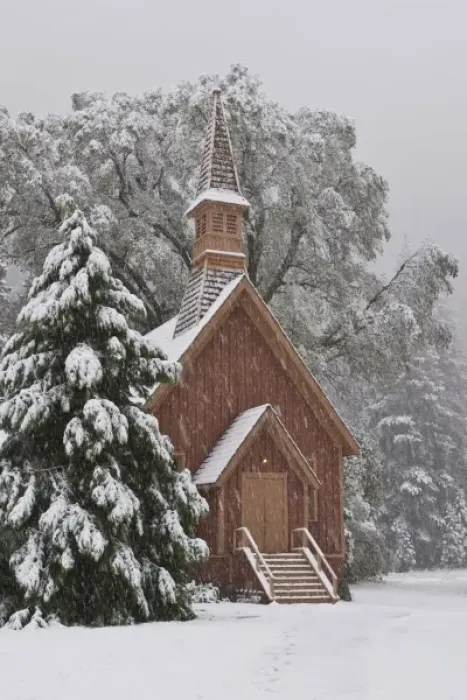 Framed Print : USA, California, Yosemite National Park. Yosemite Chapel in Snowstorm Framed Print : USA, California, Yosemite National Park. Yosemite Chapel in Snowstorm