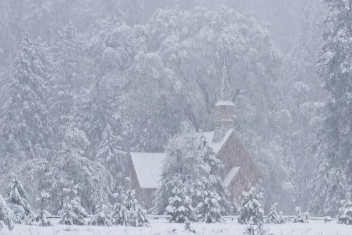 Framed Print : USA, California, Yosemite National Park. Yosemite Chapel in Snowstorm
