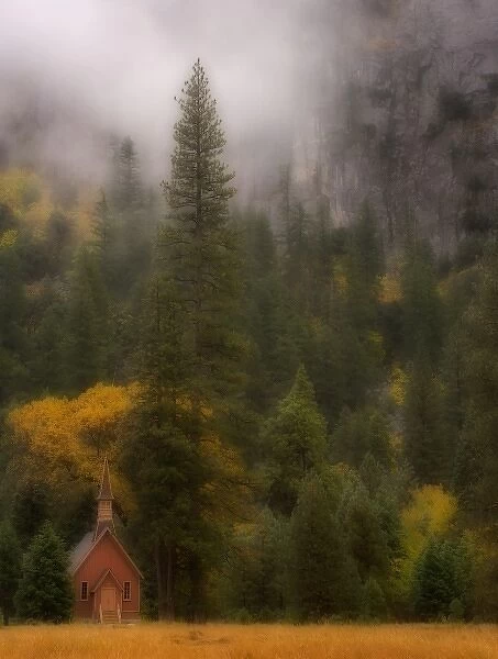 USA, California, Yosemite National Park. The chapel in Yosemite Valley on foggy autumn day