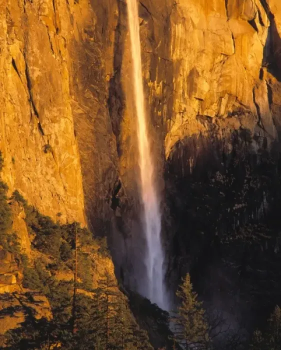 Framed Print : USA, California, Yosemite NP. Bridal Veil Falls follows a narrow path down the valley Framed Print : USA, California, Yosemite NP. Bridal Veil Falls follows a narrow path down the valley