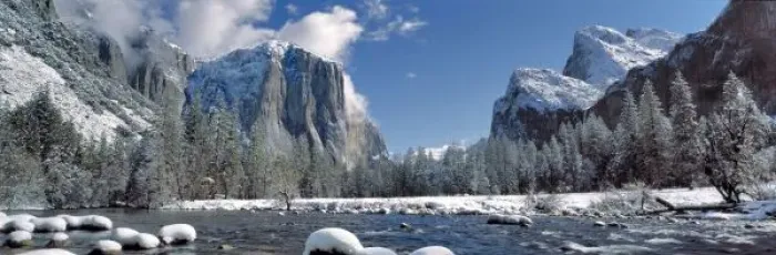 Framed Print : USA, California, Yosemite NP. The Merced River, here dotted with snow-capped rocks