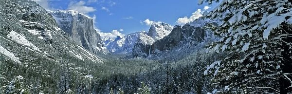 USA, California, Yosemite NP. Winter snows whiten the valley floor in Yosemite NP