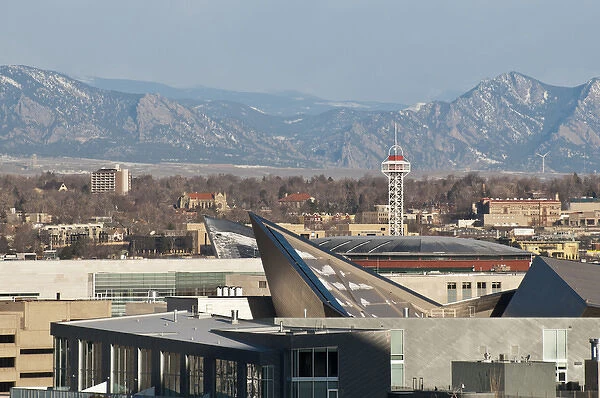 USA, CO, Denver. View west to Rocky Mountains over tops of Denver buildings including