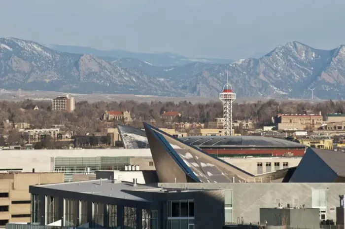 Framed Print : USA, CO, Denver. View west to Rocky Mountains over tops of Denver buildings including