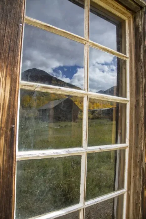 Framed Print : USA, Colorado, Ashcroft. Autumn scenic reflected in abandoned mining cabin window Framed Print : USA, Colorado, Ashcroft. Autumn scenic reflected in abandoned mining cabin window