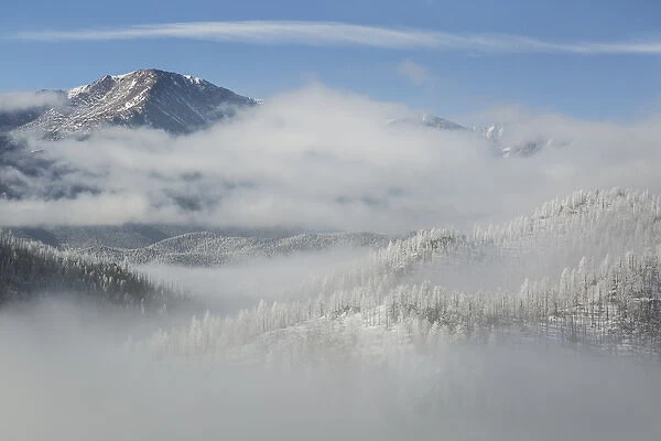 USA, Colorado. Clouds fill the valleys below Pikes Peak (14, 109ft - 4301m) on a frosty
