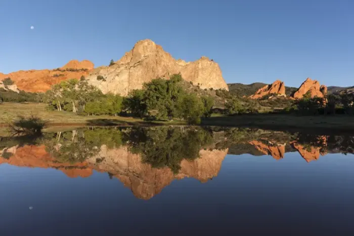 Framed Print : USA, Colorado, Colorado Springs. Sandstone cliff reflected in pond Framed Print : USA, Colorado, Colorado Springs. Sandstone cliff reflected in pond