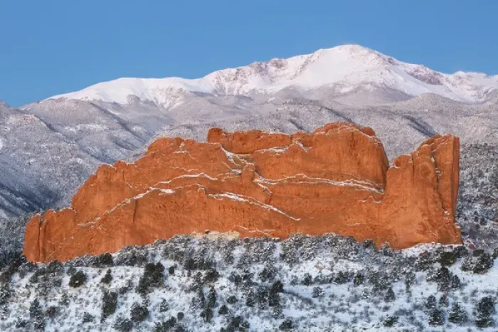 Framed Print : USA, Colorado, Colorado Springs. Pikes Peak and sandstone formation Framed Print : USA, Colorado, Colorado Springs. Pikes Peak and sandstone formation