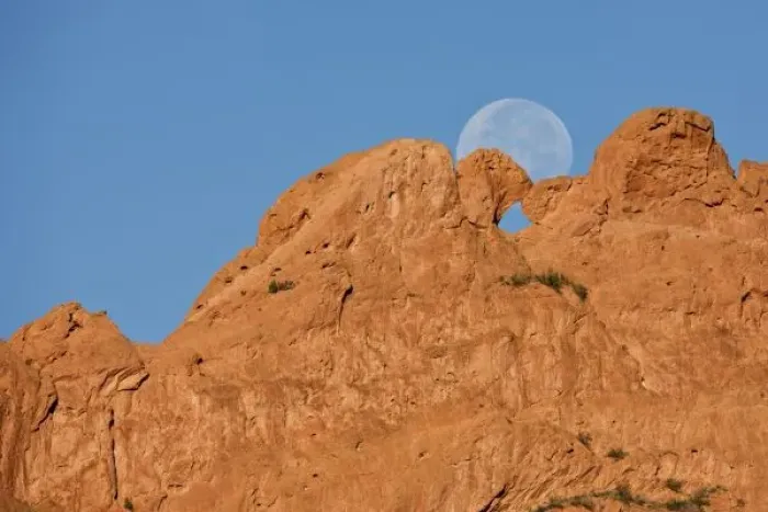 Framed Print : USA, Colorado, Colorado Springs, Garden of the Gods. A full moon sets behind Framed Print : USA, Colorado, Colorado Springs, Garden of the Gods. A full moon sets behind
