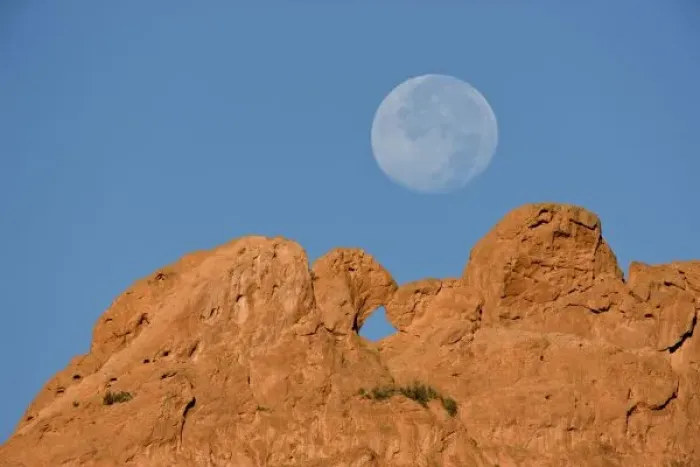 Framed Print : USA, Colorado, Colorado Springs, Garden of the Gods. A full moon sets behind Framed Print : USA, Colorado, Colorado Springs, Garden of the Gods. A full moon sets behind