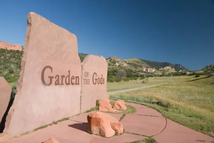 Framed Print : USA, Colorado, Colorado Springs, Garden of the Gods. Park entry sign with walking