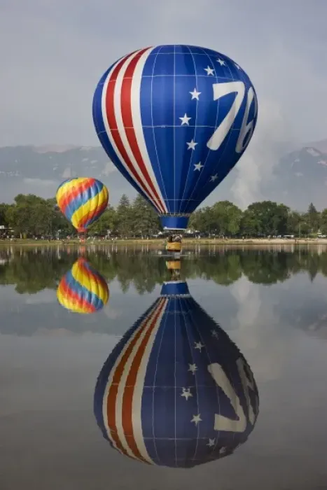 Framed Print : USA, Colorado, Colorado Springs. Hot air balloons reflected in Prospect Lake Framed Print : USA, Colorado, Colorado Springs. Hot air balloons reflected in Prospect Lake