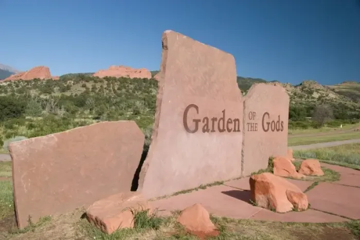 Framed Print : USA, Colorado, Colorado Springs, Garden of the Gods. Park entry sign with walking