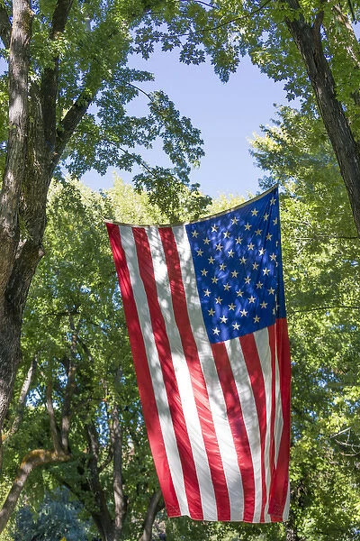 USA, Colorado, Crawford. Flag hanging between two trees