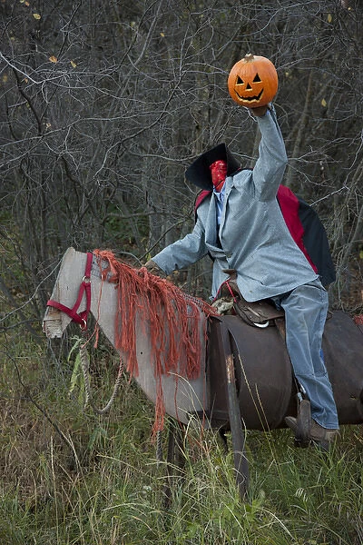 USA, Colorado, Crystal River Valley. Roadside Halloween display of a manikin on a horse