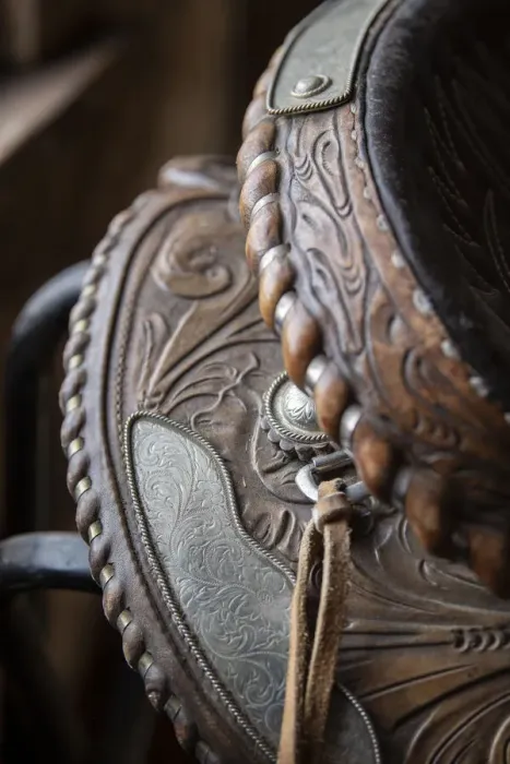 Framed Print : USA, Colorado, Custer County, Westcliffe, Music Meadows Ranch. Tack room. Tooled leather western saddle. (PR)