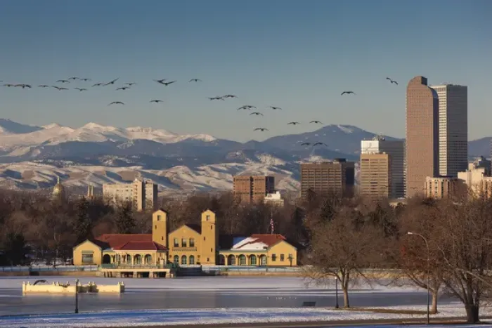 Framed Print : USA, Colorado, Denver, city view from City Park, dawn