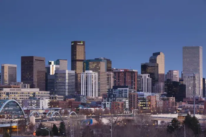 Framed Print : USA, Colorado, Denver, city view from the west, dusk Framed Print : USA, Colorado, Denver, city view from the west, dusk