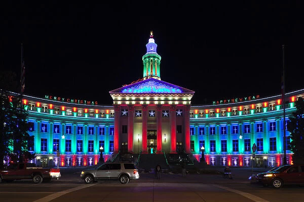 USA, Colorado, Denver, Denver City and Country Building with Christmas Lights