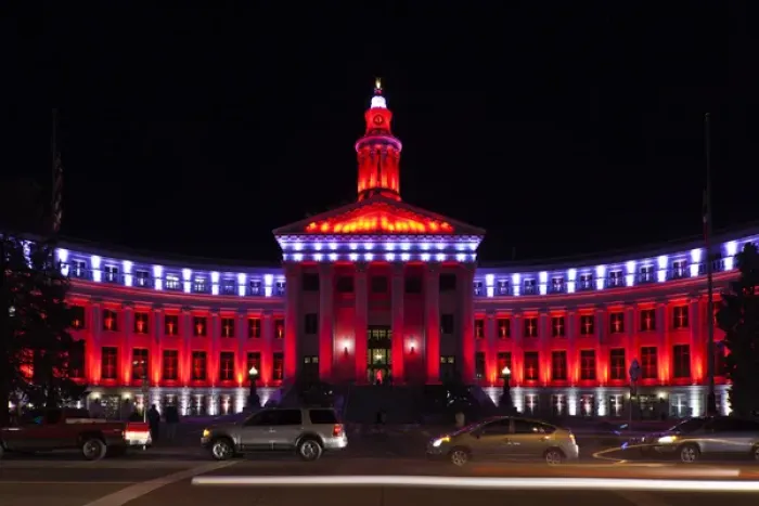 Framed Print : USA, Colorado, Denver, Denver City and Country Building with Christmas Lights