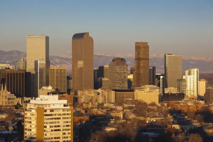 Framed Print : USA, Colorado, Denver, elevated view of downtown from Cheesman Park, dawn Framed Print : USA, Colorado, Denver, elevated view of downtown from Cheesman Park, dawn