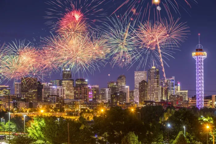 Framed Print : USA, Colorado, Denver. Fireworks over city on July 4th