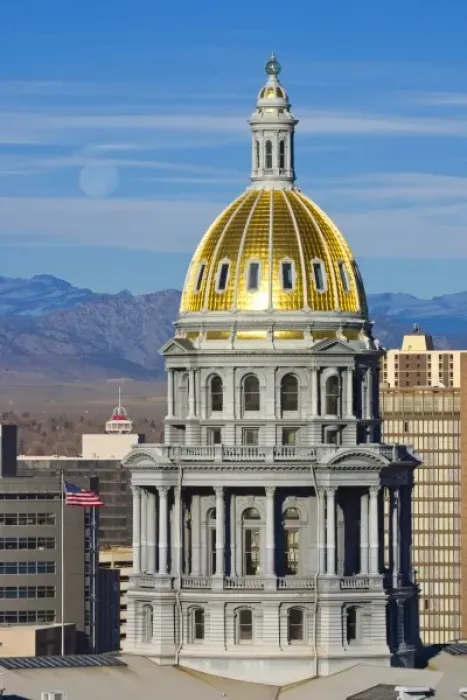 Framed Print : USA, Colorado, Denver. View of state capitol building dome against moonset over the mountains