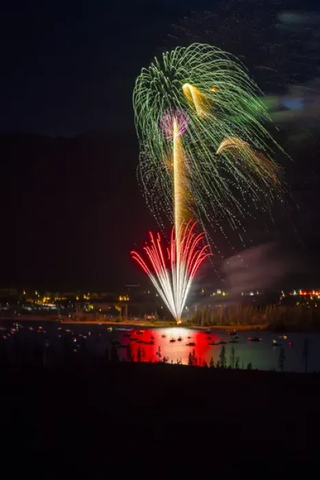 Framed Print : USA, Colorado, Frisco, Dillon Reservoir. Fireworks display on July 4th. Credit as