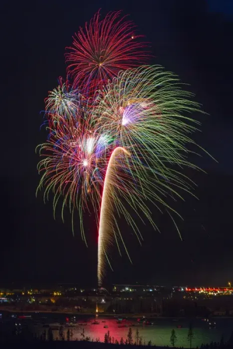 Framed Print : USA, Colorado, Frisco, Dillon Reservoir. Fireworks display on July 4th. Credit as