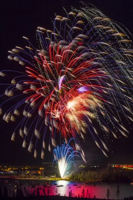 Framed Print : USA, Colorado, Frisco, Dillon Reservoir. Fireworks display on July 4th. Credit as Framed Print : USA, Colorado, Frisco, Dillon Reservoir. Fireworks display on July 4th. Credit as
