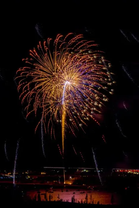 Framed Print : USA, Colorado, Frisco, Dillon Reservoir. Fireworks display on July 4th. Credit as