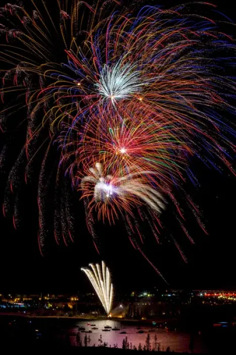 Framed Print : USA, Colorado, Frisco, Dillon Reservoir. Fireworks display on July 4th. Credit as Framed Print : USA, Colorado, Frisco, Dillon Reservoir. Fireworks display on July 4th. Credit as