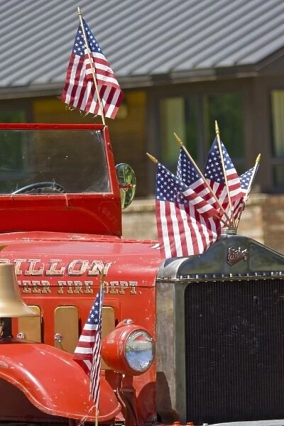 USA, Colorado, Frisco. Vintage fire truck decorated for July 4th paradeFred J. Lord