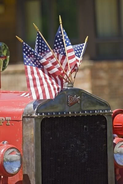 USA, Colorado, Frisco. Front of vintage Sterling fire truck decorated for July Fourth paradeFred J