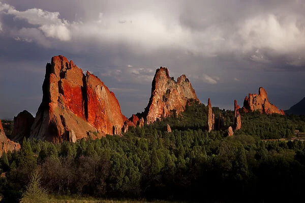 USA, Colorado, Garden of the Gods. Sunset light on sandstone formations. Credit as
