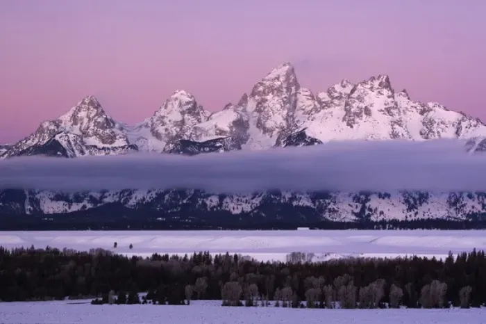 Framed Print : USA Colorado Grand Teton NP mountains with layer of fog at twilight Framed Print : USA Colorado Grand Teton NP mountains with layer of fog at twilight