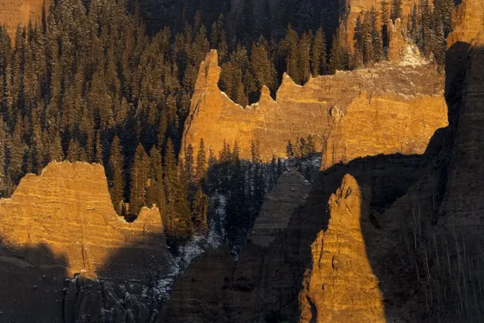 Framed Print : USA, Colorado, Gunnison National Forest. Sunrise on cliffs and forest in autumn Framed Print : USA, Colorado, Gunnison National Forest. Sunrise on cliffs and forest in autumn