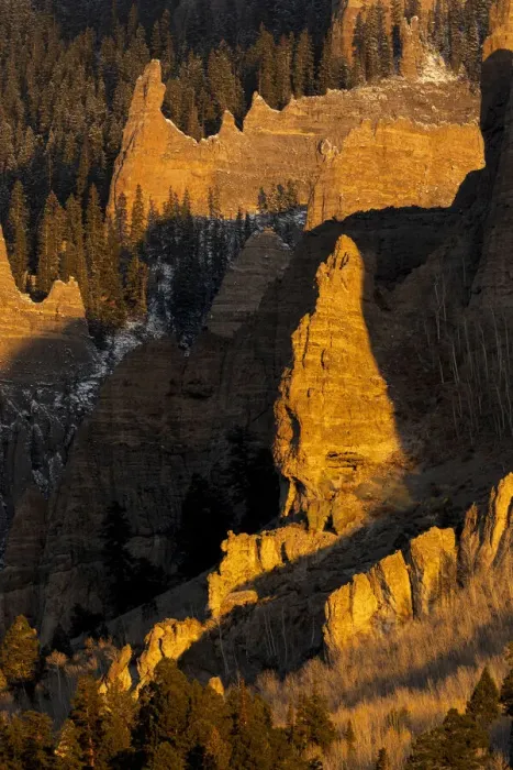 Framed Print : USA, Colorado, Gunnison National Forest. Sunrise on cliffs and forest in autumn Framed Print : USA, Colorado, Gunnison National Forest. Sunrise on cliffs and forest in autumn