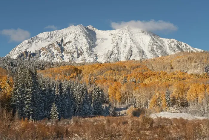 Framed Print : USA, Colorado, Gunnison National Forest. Snow on East Beckwith Mountain and forest in autumn. ©Don Grall  /  Jaynes Gallery  /  DanitaDelimont.com