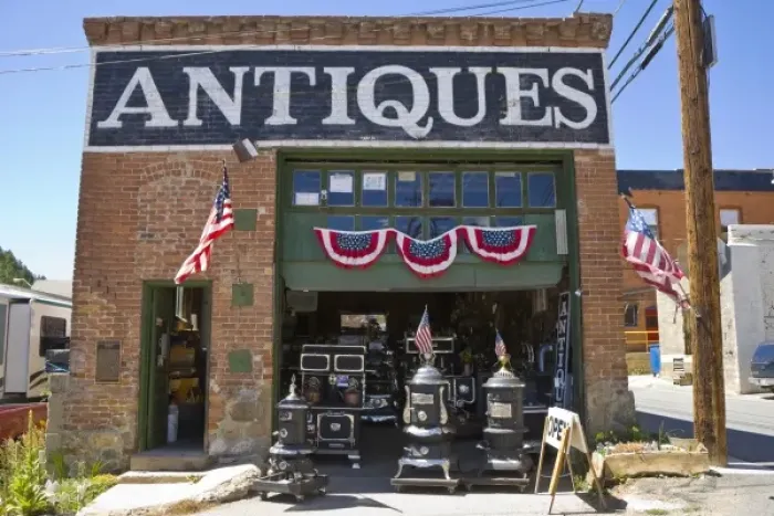 Framed Print : USA, Colorado, Idaho Springs. Outside of antique store decorated with American flags Framed Print : USA, Colorado, Idaho Springs. Outside of antique store decorated with American flags