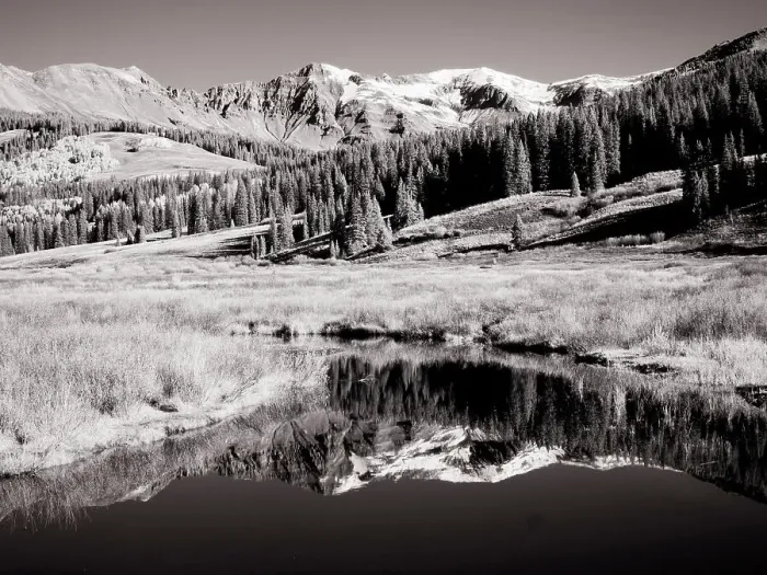 Framed Print : USA, Colorado. Infrared of Aspen trees reflecting in small river Framed Print : USA, Colorado. Infrared of Aspen trees reflecting in small river