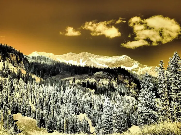 Framed Print : USA, Colorado. Infrared of Aspens with mountain range in fresh snow