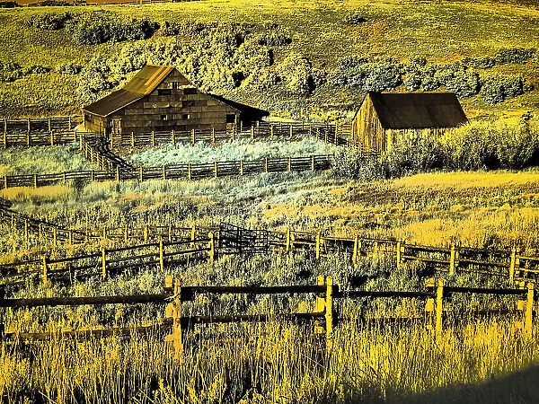 USA, Colorado. Infrared of old barn along Last Dollar Road