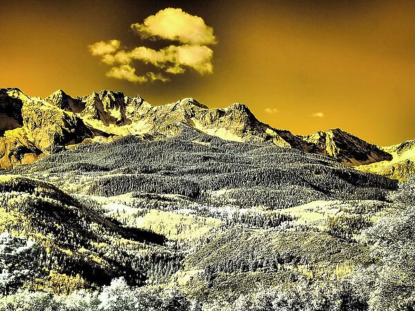 USA, Colorado. Infrared of view of Mount Sneffels and Aspen trees