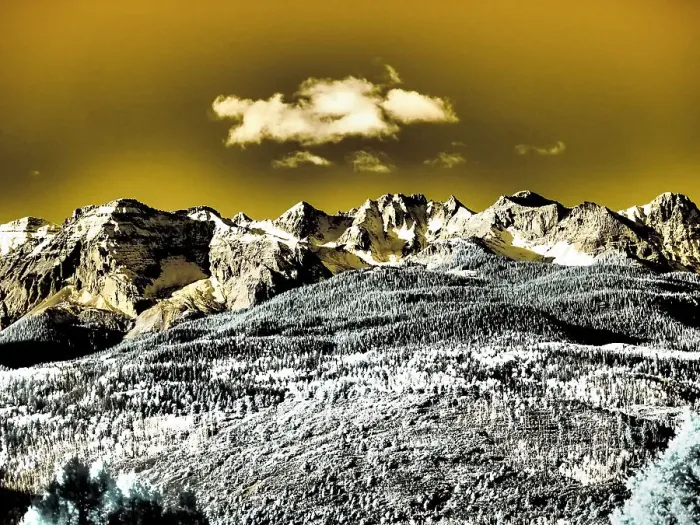 Framed Print : USA, Colorado. Infrared of view of Mount Sneffels and Aspen trees