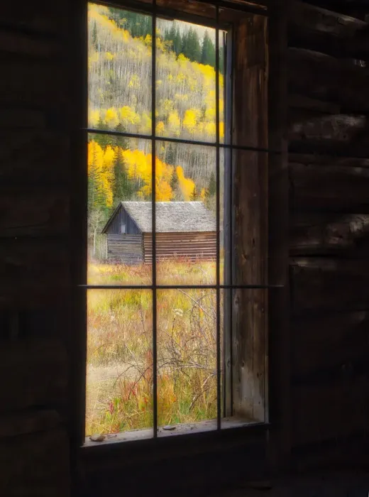 Framed Print : USA, Colorado. Looking out a window in the ghost town of Ashcroft in autumn near Aspen Framed Print : USA, Colorado. Looking out a window in the ghost town of Ashcroft in autumn near Aspen